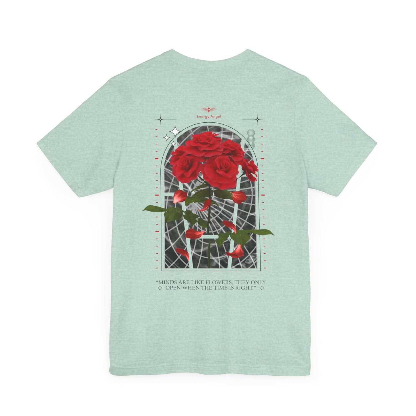 Unisex Inspirational Jersey Short Sleeve Tee With Back Image Of Red Flowers Energy Angel