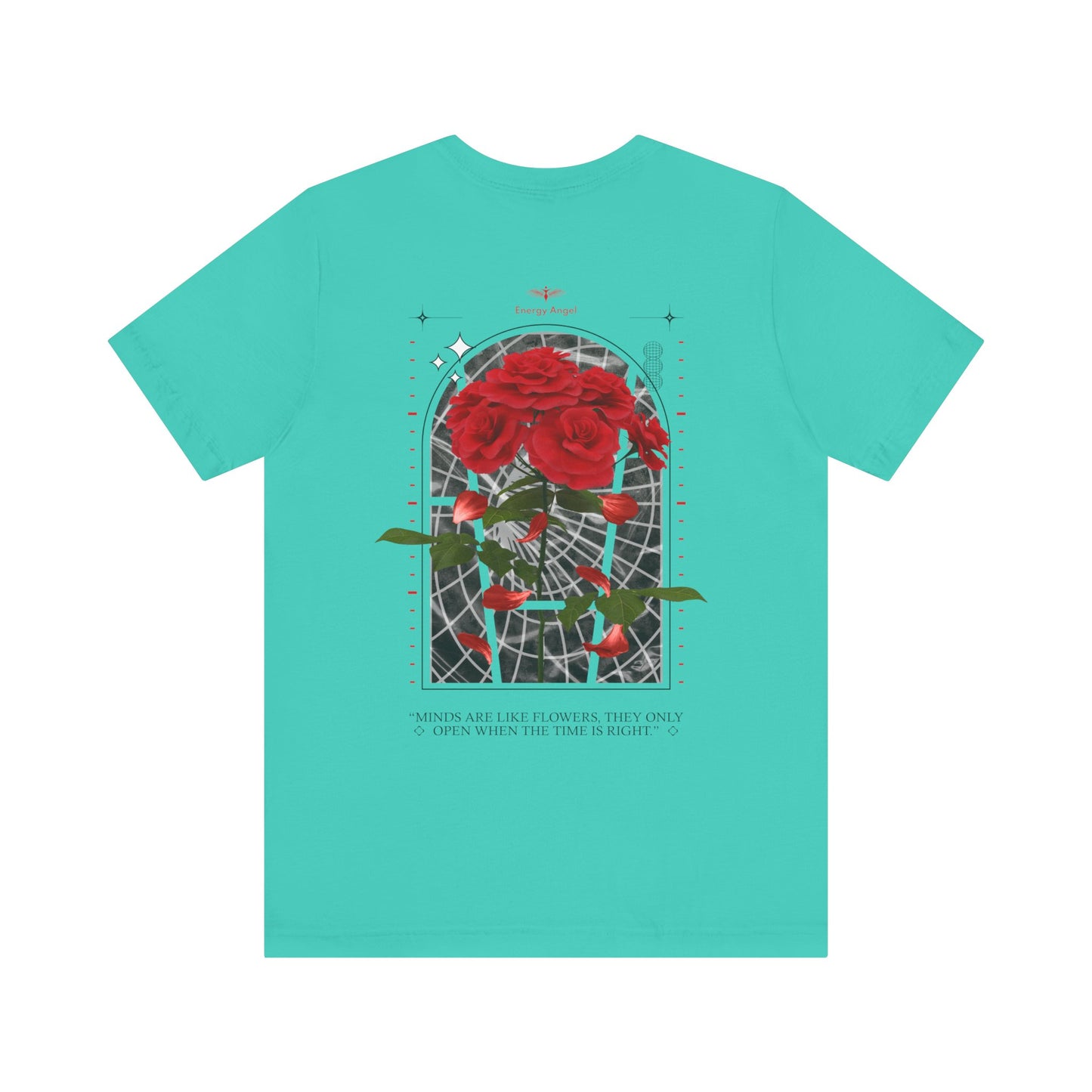 Unisex Inspirational Jersey Short Sleeve Tee With Back Image Of Red Flowers Energy Angel