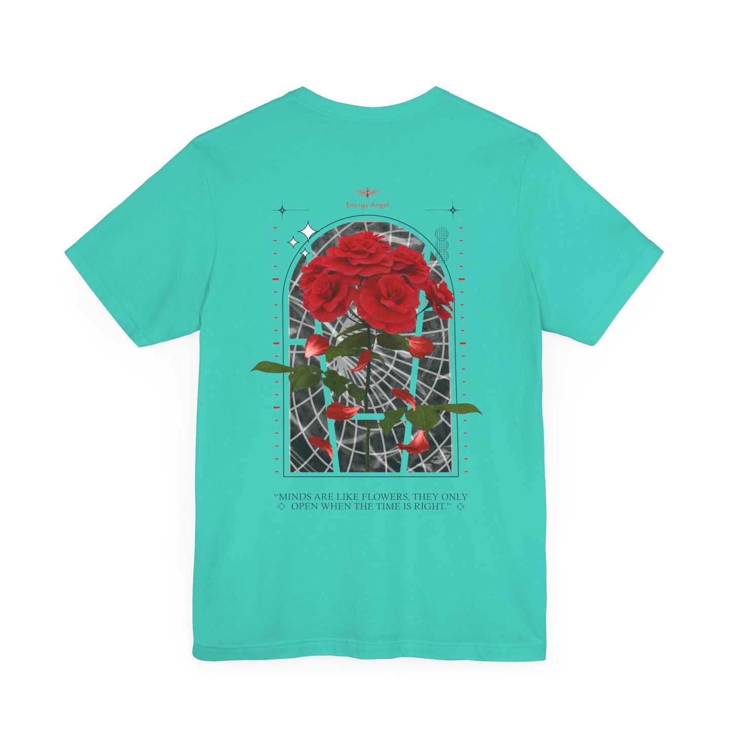 Unisex Inspirational Jersey Short Sleeve Tee With Back Image Of Red Flowers Energy Angel