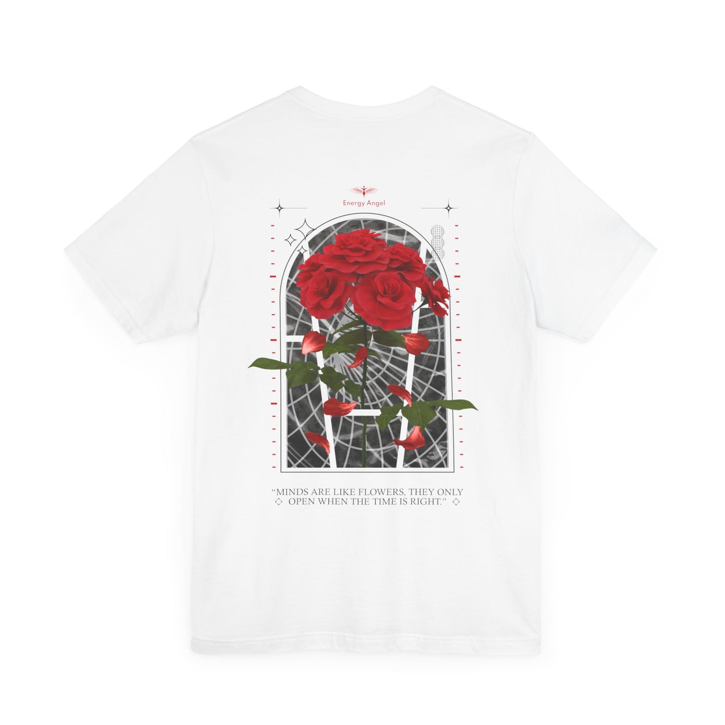 Unisex Inspirational Jersey Short Sleeve Tee With Back Image Of Red Flowers Energy Angel